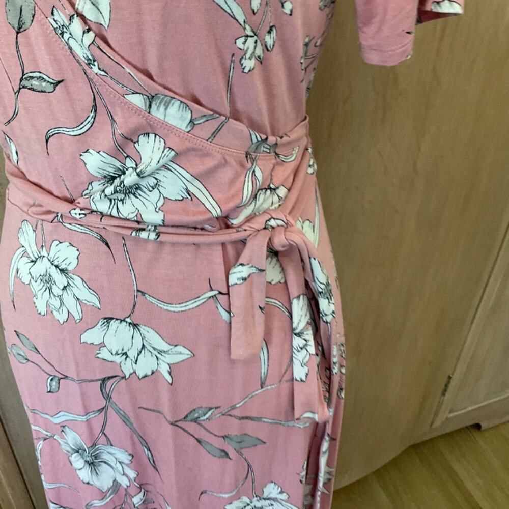 MATTY M Blush Pink faux wrap Dress Short Sleeve Jersey floral Cottagecore  L - Picture 6 of 14